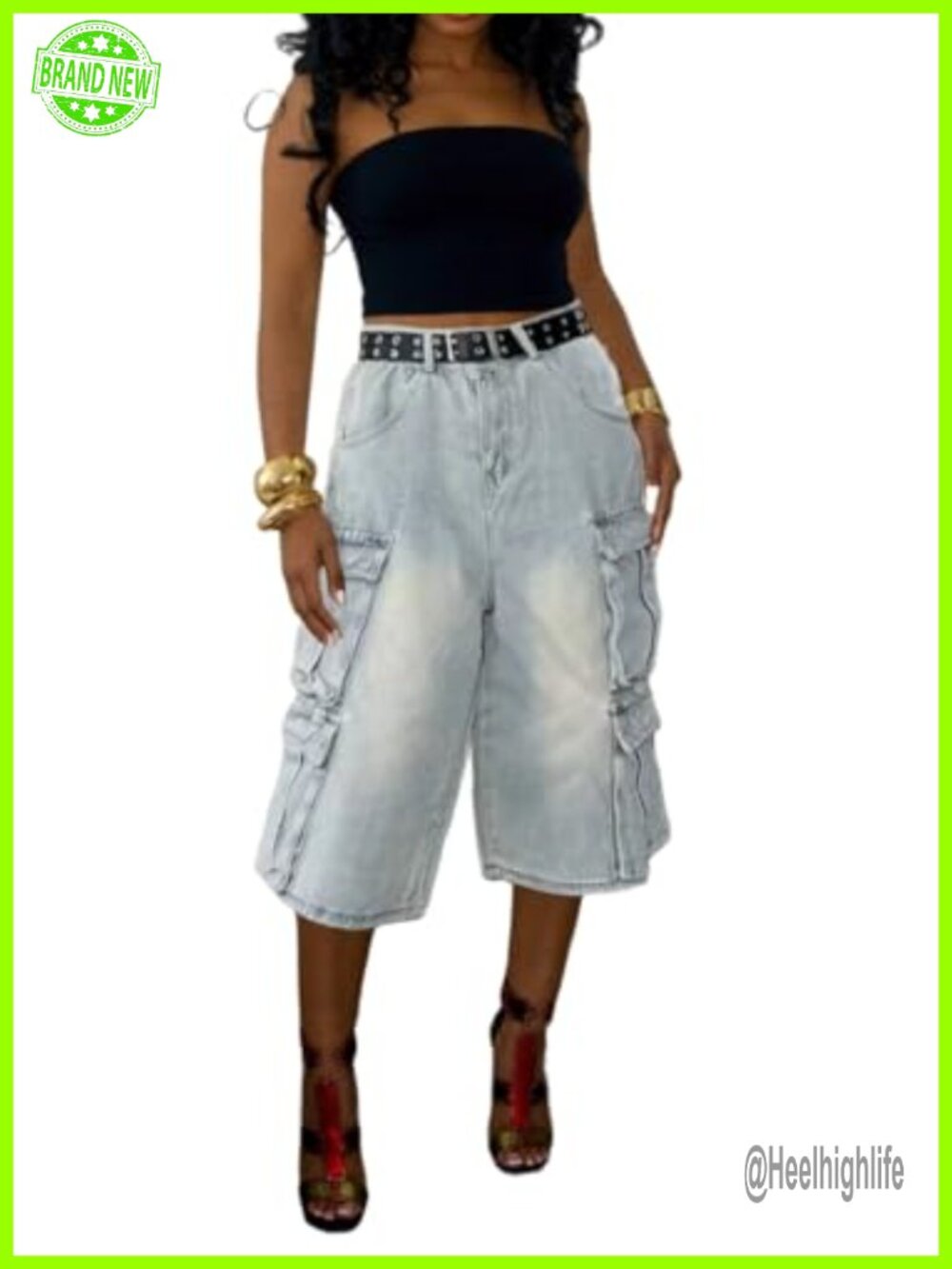 Women High Waist Baggy Wide Leg Bermuda Cargo Jean Shorts Stretchy Knee Length
